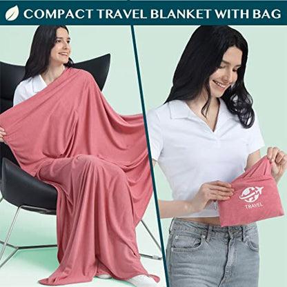 PAVILIA Soft Travel Blanket, Compact Airplane Blanket in Bag, Portable Blanket Pillow Set, Lightweight and Packable Plane Flight Car Trips Travel Home Office Gift Accessories, Pink, 65x40 inches - color: Pink