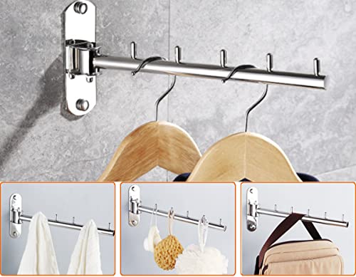 Clothes Hanger Rack Swing Arm, Folding Clothes Hanger Wall Mounted Space Saving Drying Rack, Stainless Steel 304 Laundry Room Valet Hook Holder, Foldable Hanging Hook Rod (Silver)