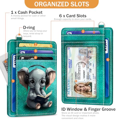 Yonlevres Credit Card Holder Slim Wallet, Elephant RFID Wallet Women Front Pocket Small Card Holder, Travel Cute Funny Thin Card Case ID Window PU Leather RFID Blocking Card Organizer Gift Girl Ladies - color: Elephant