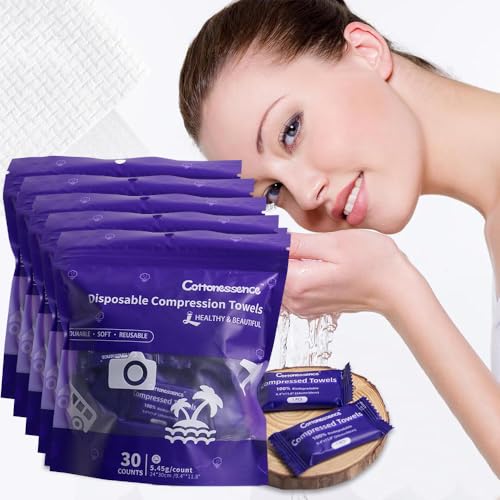 Cottonessence Premium Compressed Towels (150 count)- 30 Count (Pack of 5), 9.4" x 11.8", Portable Cotton Wipes Tablets, Individually Wrapped Coin Tissues for Travel Camping Hiking Outdoor Beauty Salon - size: 30 Count (Pack of 5)