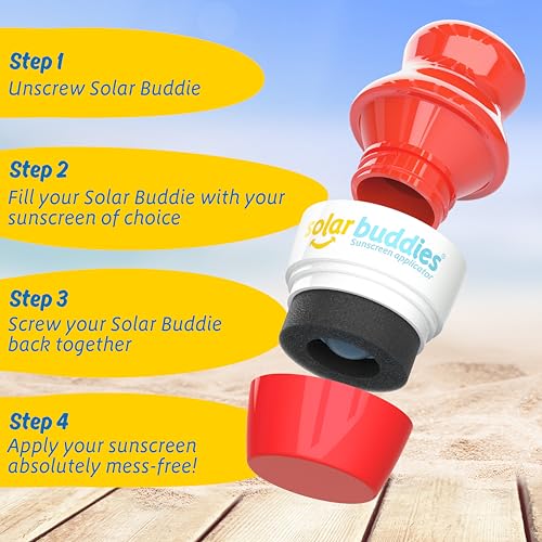 Solar Buddies Grab & Go Travel Bundle, Carabina Clip & Cleaning Brush - Single Full Red - Refillable Roll on Sponge Sunscreen, Suncream & Lotion Applicator For Kids, Adults & Families - Holds 100ml - color: Red Single