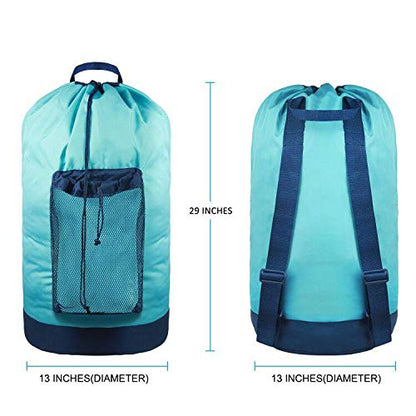 Dalykate Laundry Backpack with Shoulder Straps and Mesh Pocket Durable Nylon Clothes Hamper Bag with Drawstring Closure for College, Travel, Laundromat, Apartment - color: Blue