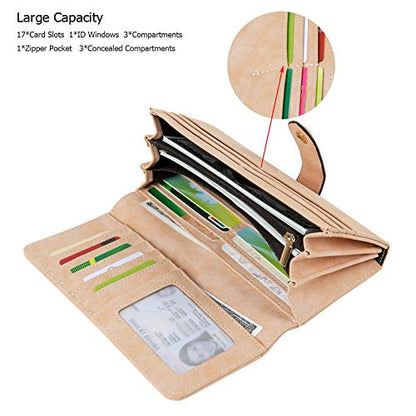 Women's Vegan Leather 17 Card Slots Card Holder Long Big Bifold Wallet - color: Pink