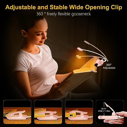 Gritin Rechargeable Book Light for Reading in Bed with 19 LED &Memory Function-Eye Caring 3 Color Temperatures,5 Brightness Levels,90 Hrs Runtime Flexible Goose Neck Clip on Light-Pink - color: Pink