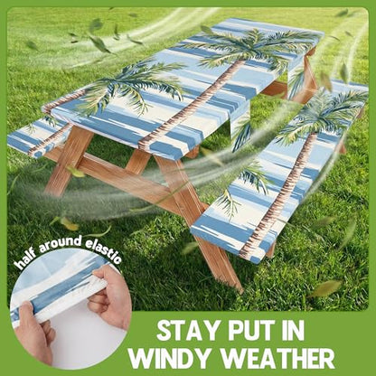 Picnic Table Cover with Bench Covers Waterproof Elastic Rectangle Reusable Folding Tablecloth Manteles Mantelería Camping Essentials Rv Car Travel Supplies Table Cloth Outdoor Road Trip Camper Gifts - color: Blue Green Coconut Tree, size: 72in