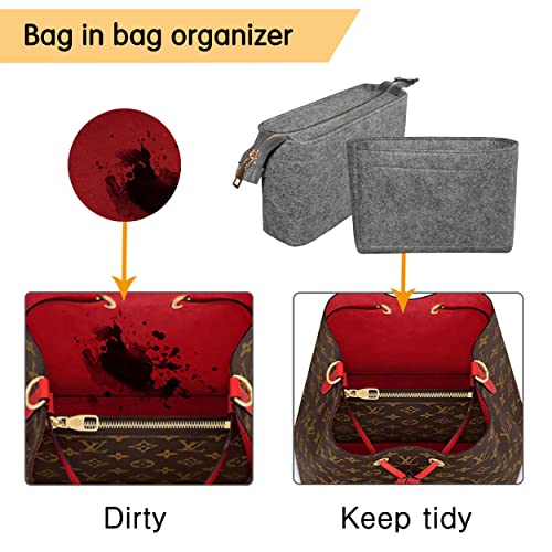 Felt Tote Bag organizer with Zipper Small Purse Organizer Insert With 2 Packs fits NeoNoe Series,Grey | With Zipper, Purse Organizer Insert, 2 Packs, Fits NeoNoe Series - color: Grey