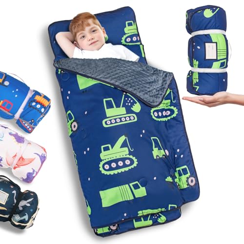Primlect Thickened Toddler Nap Mat with Removable Pillow and Minky Blanket, Extra Large 55''x35'' Sleeping Bag, Washable, Roll up, Perfect for Daycare, Preschool, Kindergarten, Boys (Excavator) - color: Green Car