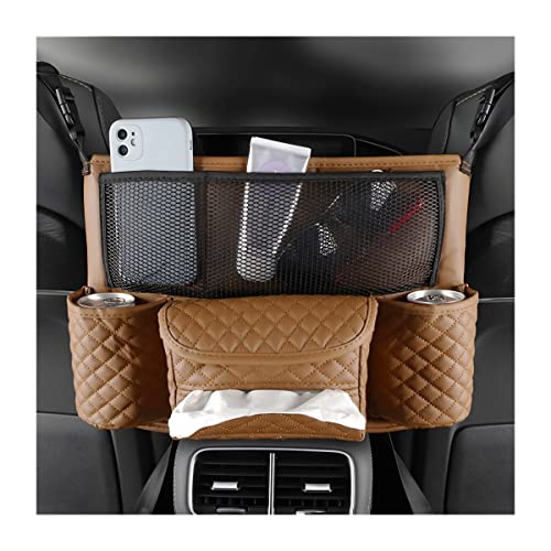 XINLIYA Car Handbag Holder Between Seats, PU Leather Multi-Pocket Large Capacity Purse Holder, Auto Net Bag Barrier of Backseat Pet Kids, Car Seat Organizers and Storage for Cargo Tissue Cup（Brown） - color: Brown