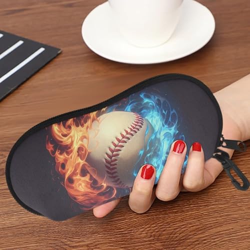 AFPANQZ Glasses Case with Carabiner Hanging Portable Neoprene Zipper Sunglasses Case Soft Lightweight - color: Blue Red Flame Baseball