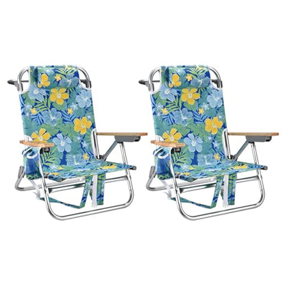 2 Pack Backpack Beach Chairs for Adults Capacity 300 LBS Low 5 Position Beach Chair with Pouch Straps Folding Lightweight Reclining Aluminum Wide Lay Flat Single - color: 10in Wood Yellow Flower 2 Pack