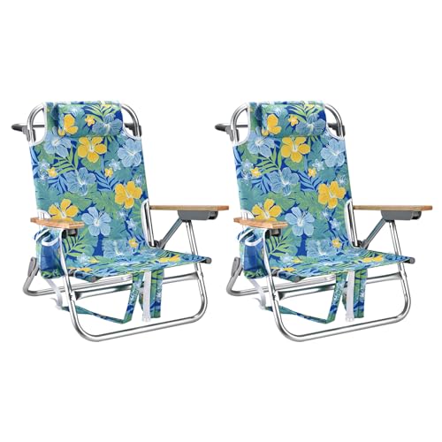 2 Pack Backpack Beach Chairs for Adults Capacity 300 LBS Low 5 Position Beach Chair with Pouch Straps Folding Lightweight Reclining Aluminum Wide Lay Flat Single - color: 10in Wood Yellow Flower 2 Pack