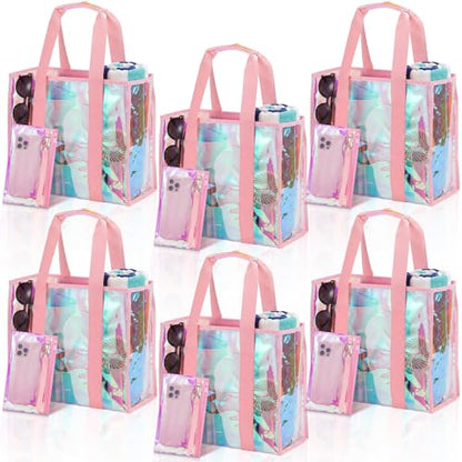 Hsei 6 Pcs Clear Iridescent Beach Bag with Phone Pouch for Women Beach Travel Large Waterproof Tote Bags for Vacation Picnic - color: Iridescent Pink