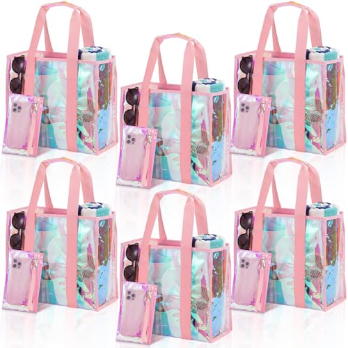 Hsei 6 Pcs Clear Iridescent Beach Bag with Phone Pouch for Women Beach Travel Large Waterproof Tote Bags for Vacation Picnic - color: Iridescent Pink