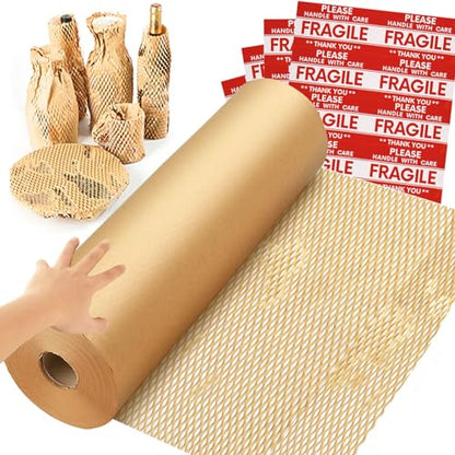 Honeycomb Packing Paper Wrap 15''x820', Substitute Alternative for Bubble Cushioning Wrap for Moving Shipping Packaging, Recyclable Moving Supplies with 48 Fragile Sticker Labels - size: 15''x820'