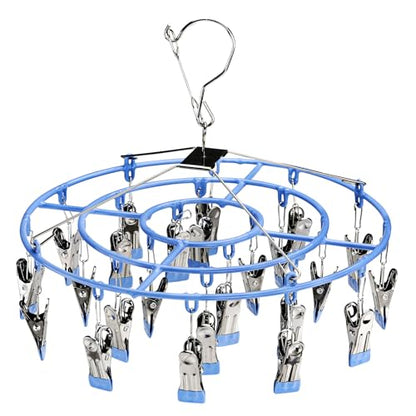 PHYDELU Drying Rack Clothing with 24 Clips，Sock Hanger for Drying，Hanging Clothes Dryer Underwear Hangers Racks Laundry Herb Socks Panty Wet Bra Lingerie Baby Delicates Foldable Small Indoor Metal - color: Blue (24 Clips)