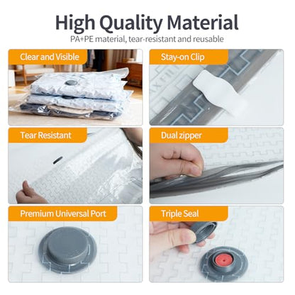 15 Pack Travel Vacuum Bags with Pump Vacuum Seal Bags for Clothes | 80% Space Saving, Thick PA+PE Material, Double-Zip & Triple-Seal Valve, Reusable, 3 Sizes Fit Luggage Packing & Home Storage - size: 15 Pack Travel Size