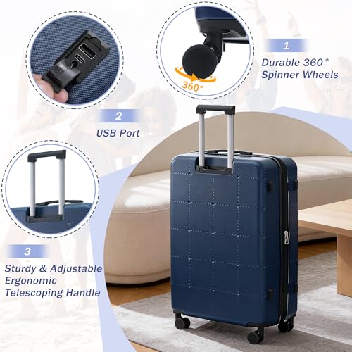 Merax Luggage Sets 5 Piece, Hardside 20" Half-opening Carry On Suitcase Set with USB Port,Lightweight Travel 24" 28" Luggage with Bags TSA Locks Double Spinner Wheels,Blue - color: Blue, size: 3 piece(20front open+24+28+bags)