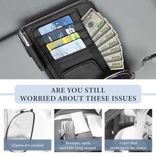 Small Leather Car Sun Visor Organizer, Auto Visor Pouch Card Sleeve Pocket with Sunglasses Clip, Multifunctional Sunvisor Wallet Holder for Driving License Pen Tickets (Black)