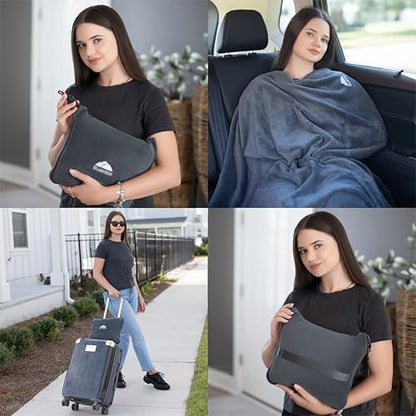 BlueHills Premium Soft Travel Blanket Pillow Airplane Flight Blanket Throw Bag Pillowcase Compact Large 2 in 1 Combo Warm Traveling Plane Essentials Portable Gifts Lightweight Grey Gray T007 - color: Gray-1pk-t007