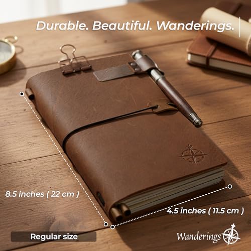 WANDERINGS Regular Size Travelers Notebook Bundle – 4.5" x 8.5" (11.5 x 22cm) – Genuine Leather Journal with Pen Holder, Pen, 2 Ink Refills, PVC Folder & Binder Clip - size: Standard