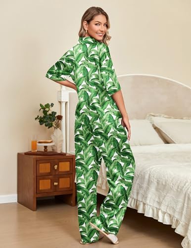 Ekouaer Silk Satin Pajamas Set Women Short Sleeve Pj Sets Button Down Sleepwear 2 Piece Soft Loungewear S-XXL - color: Green Leaves, size: Medium