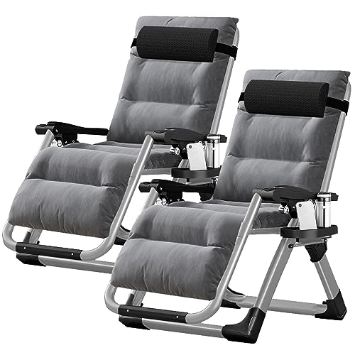 NAIZEA Padded Zero Gravity Chair, Folding Outdoor Lounge Chairs, Adjustable Reclining Camping Chairs with Cup Holder, Ergonomic Patio Lawn Chair for Balcony Beach Deck Yard - color: Linen Grey, style: Zero Gravity Chair 2 Pack