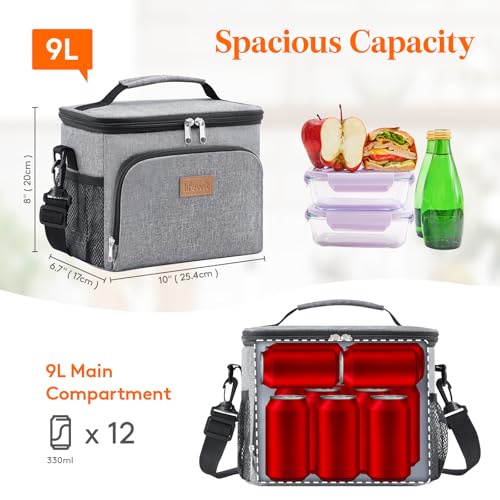 Lifewit Reusable Insulated Lunch Bag, Portable Cooler Freezable Soft Lunchbox Leakproof with Adjustable Shoulder Strap for Men Women Adult for Work Picnic or Travel, 9L 12 Can, Grey - color: Gray, size: Medium(9L)