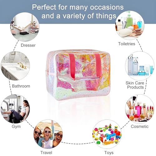 TPU Holographic Pink Clear Star Large Cosmetic Bag and Travel Pouch with Handle,Durable TPU Material,Zipper Design-Ideal for Makeup,Travel Essentials (Holographic pink) - color: Holographic pink