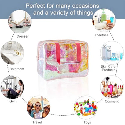 TPU Holographic Pink Clear Star Large Cosmetic Bag and Travel Pouch with Handle,Durable TPU Material,Zipper Design-Ideal for Makeup,Travel Essentials (Holographic pink) - color: Holographic pink