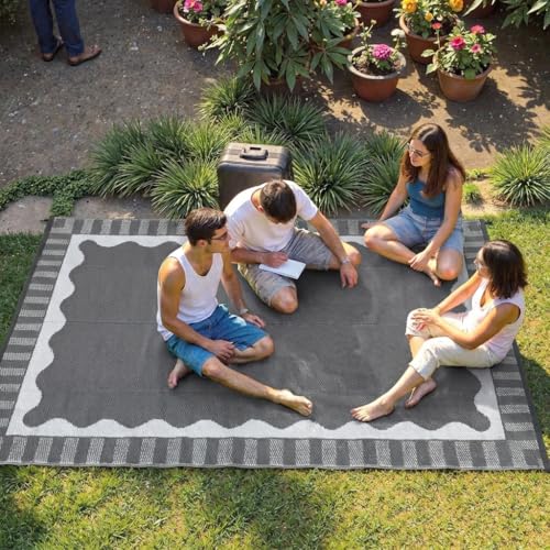 Garvee Large Scalloped Outdoor Rug 9x12 Patio Rugs Outdoor Waterproof, Reversible Plastic Straw Camping Rug, Modern Bordered Outside Mats for Picnic Backyard Deck Balcony Beach Trailer, Grey - color: Bordered|grey, size: 9' x 12' (Rectangular)