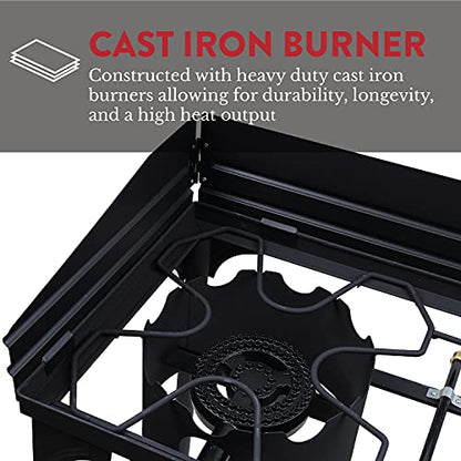 Gas One Propane Double Burner Two Burner Camp Stove with Windscreen Outdoor High Pressure Propane 2 Burner Adjustable PSI Regulator and 4ft Steel Braided Hose With Removable Legs - size: 2 Burner with Windguard