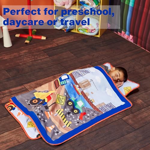 EVERYDAY KIDS Toddler Nap Mat with Removable Pillow -Under Construction- Carry Handle with Fastening Straps Closure, Rollup Design, Soft Microfiber for Preschool, Daycare, Sleeping Bag -Ages 2-6 years - color: Under Construction
