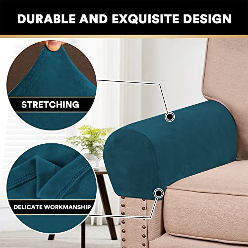 PrinceDeco 2 Pack Thick Velvet Stretch Armrest Covers for Chairs and Sofas - Non Slip, Deep Teal - color: Deep Teal