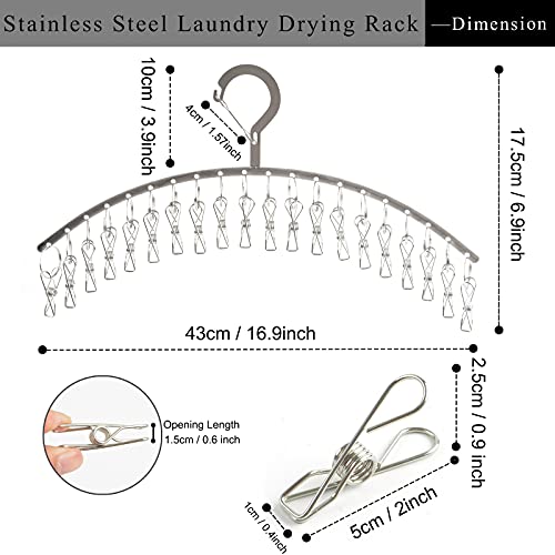 JDYOOMI 2 Pack Stainless Steel Laundry Drying Rack Windproof Clothes Hangers with 20 Clips for Drying Socks,Towels,Diapers,Bras,Baby Clothes,Underwear,Scarfs,Hats,Gloves - Upgraded Type