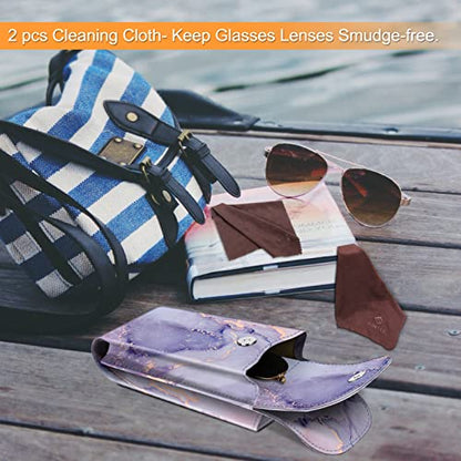 FINTIE Double Glasses Case with Carabiner Hook, Portable Vegan Leather Eyeglass Case Anti-scratch Sunglasses Pouch - color: Lilac Marble