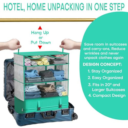 Compressible Packing Cubes Portable Hanging Closet Shelves 17"x12"x24" Extendable Travel Organizer Nylon Packing Bags for Suitcase - color: Green