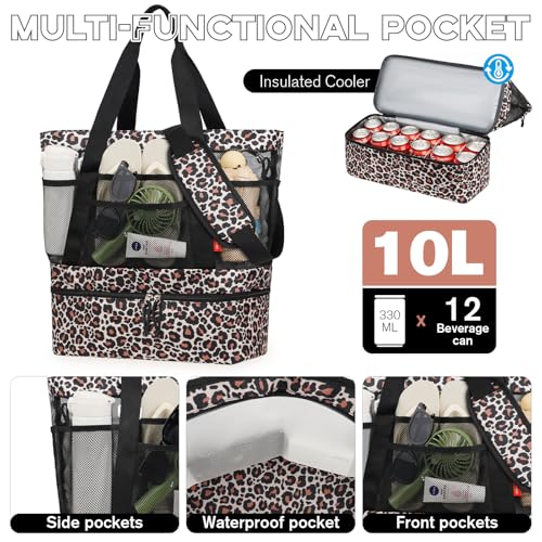 WOOMADA Beach Tote Bag With Cooler, Large Mesh Beach Bags for Women with Wet Pocket, Pool, Swim, Travel Essentials - color: Brown Leopard