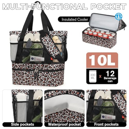 WOOMADA Beach Tote Bag With Cooler, Large Mesh Beach Bags for Women with Wet Pocket, Pool, Swim, Travel Essentials - color: Brown Leopard