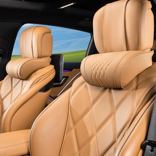 Car Headrest Memory Foam Neck Pillow for Driving with Leather Cover Soft Comfortable Seat Head Pillow Cushion for Most Cars SUV Sedan Home Office Palomino Brown (2PC) - color: Palomino Brown, size: Headrest 2 Pack
