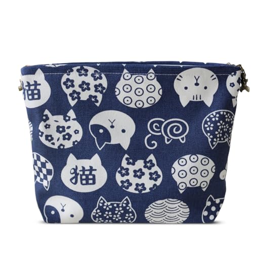HAPPYHEIDI Canvas Makeup Bag, Cosmetic Travel Pouch, Kawaii Blue Cats, Cotton Blend, Animal Print, Zipper Closure, 7.1x2.4x7 Inches - color: GR-Canvas-Blue Cats