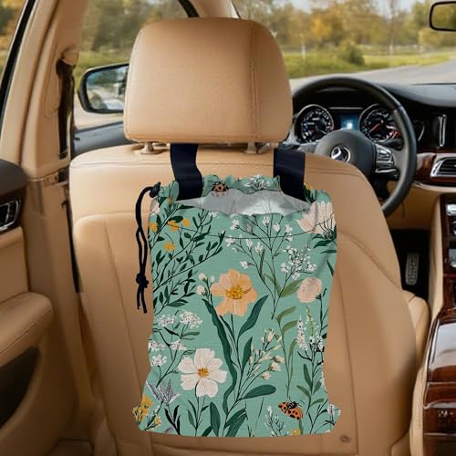 Vintage Botanical Floral Car Trash Bag,Peony Flowers Hanging Drawstring Car Garbage Bag,Canvas Car Back Seat Organizer with Adjustable Buckle for Men and Women - color: Vintage Botanical Floral