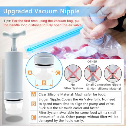 MOMODA Sous Vide Cooking Bags - Set of 40 | BPA-Free Reusable Vacuum Seal Bags with Air Valve for Joule and Anova Cookers | Freezer Safe Vacuum Food Storage Bags with Upgraded Hand Pump Included - color: Manual Pump-Grey