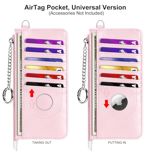 RFID Blocking Slim Credit Card Holder Wallet with Zipper Money Pocket & Keychain, Slim Airtag Wallet for Men Women - color: Cowhide Pink