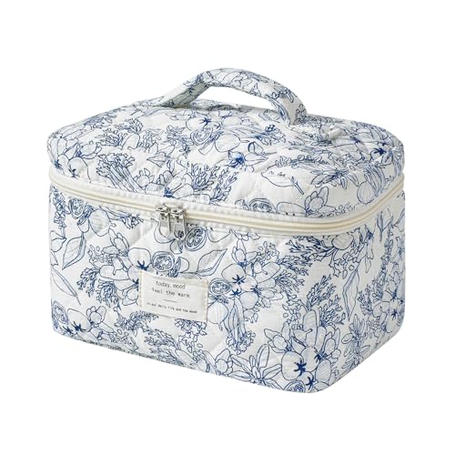 uekeboag Large Travel Quilted Makeup Bag for Women, Floral Cotton Cosmetic Bag, Coquette Aesthetic Floral Toiletry Organizer Bag - color: 08Navyblue-Flower
