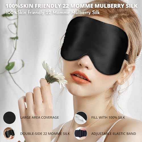 Silk Sleep Mask 100% 22 Momme Mulberry, Sleep Eye Mask for Women Men, Blackout Blindfold with Adjustable Strap, Side Sleeper Eye Cover, Soft Eyeshade Filled with Premium Mulberry Silk (Black) - color: 22 Momme-black