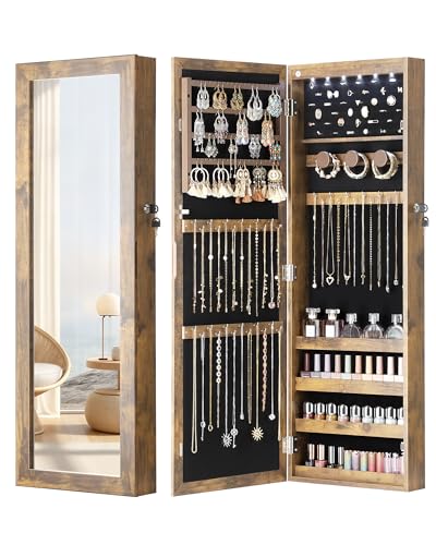 Nicetree 6 LEDs Mirror Jewelry Cabinet, Door/Wall Mounted Jewelry Armoire with Full Length Mirror, Lockable Jewelry Organizer with Storage,Large Capacity, Rustic Brown - color: Rustic Brown