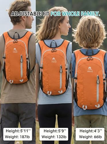 Foldable Small Hiking Backpack with 3 Strap Pockets – Lightweight 300D Spill-proof Daypack for Men Women – Packable Small Travel Backpack with Chest Strap & Trekking Pole Holder – Durable Outdoor Bag - color: Orange-
