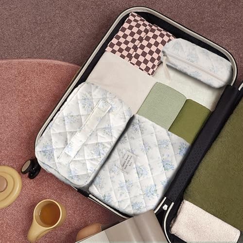 GISMTR 3Pcs Cotton Quilted Makeup Bag Large Travel Cosmetic Bag Coquette Makeup Pouch Cute Aesthetic Floral Toiletry Bag for Women Girls (flower-T) - color: flower-T