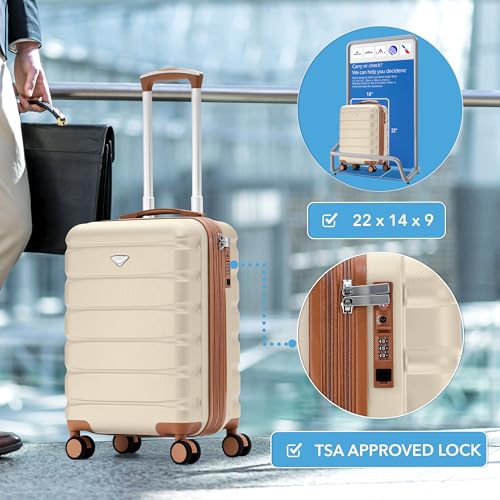 Flight Knight 22x14x9 Expandable Carry On Suitcase Hardside TSA Lock USB C Port Lightweight Luggage Silent Double Spinner Wheels Maximum Overhead Carry-On Bag American United Approved Cream/Tan - color: Cream/Tan, size: 22x14x9"