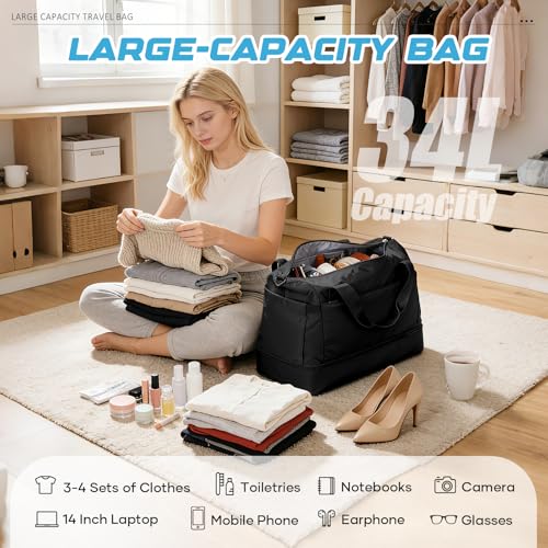Small Black Gym Duffle Bag for Women Men with Shoe Compartment, Mini Cute Weekender Handbag Carry on Travel Bag for Airplane, Water Resistant Sports Yoga Tote Bag with Dry Wet Separated Pocket. - color: A1-Black with Shoe Compartment